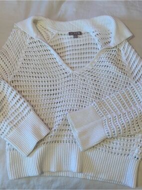J. Crew White Open-Knit V-Neck Sweater